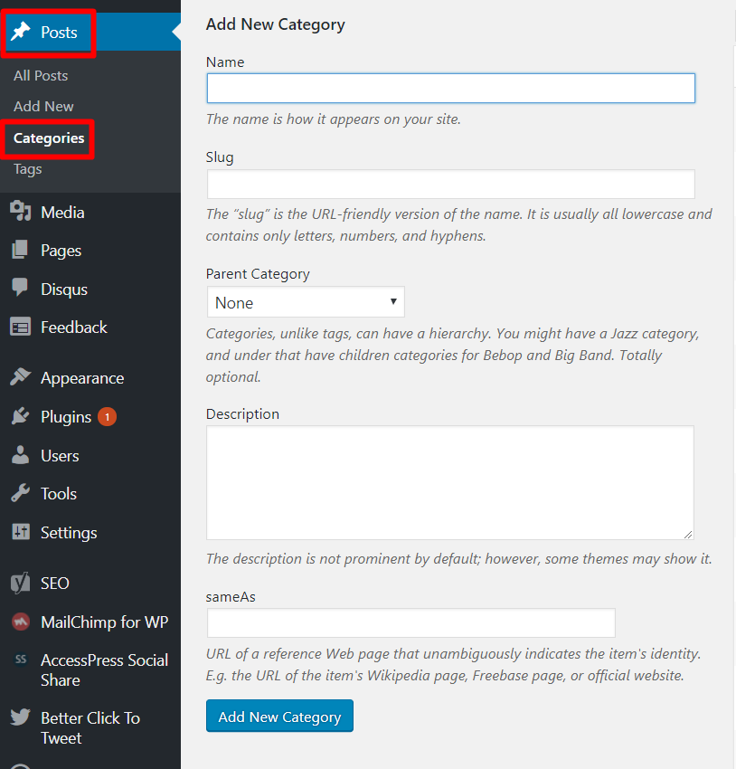 WordPress Categories and Tags NewCategory