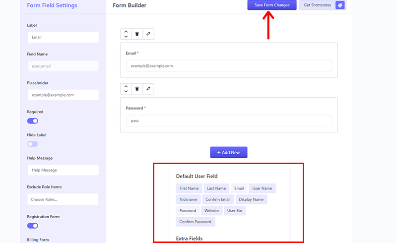 configure the registration form settings and click on save form changes 